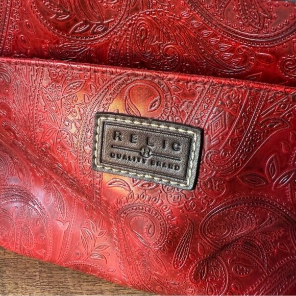 RELIC Red Paisley Embossed Handbag Satchel Brown Accents Crossbody Strap Tooled - Picture 7 of 14